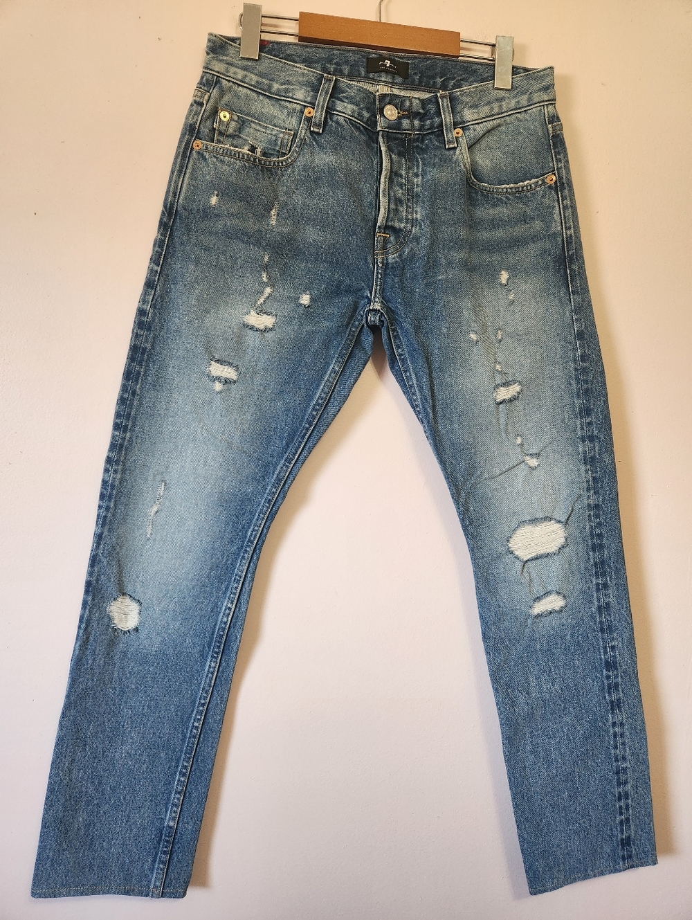 7 For All Mankind The Stacked Skinny Japanese Denim Distressed Jeans Size 29